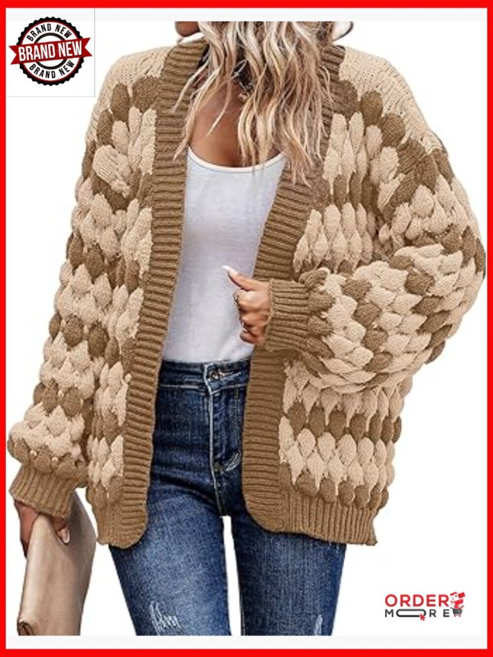 Chunky Cable Knit Cardigan Sweater Lantern Sleeve Open Front
